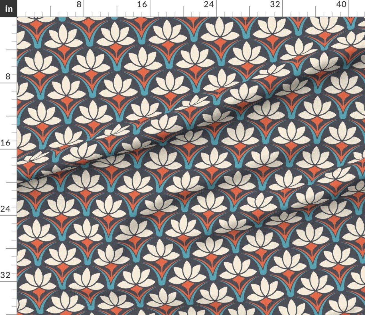 Art Deco Retro Floral Geometric Lotus Nouveau 70S Groovy Boho Scandi Blue Custom Printed Fabric by Spoonflower Various Fabrics by the Yard or Fat Quarter